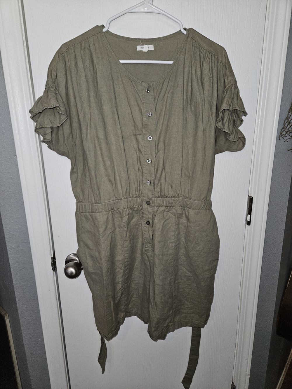 Maurices Olive Green Short Sleeve Button Front Romper Pockets Belt Boho